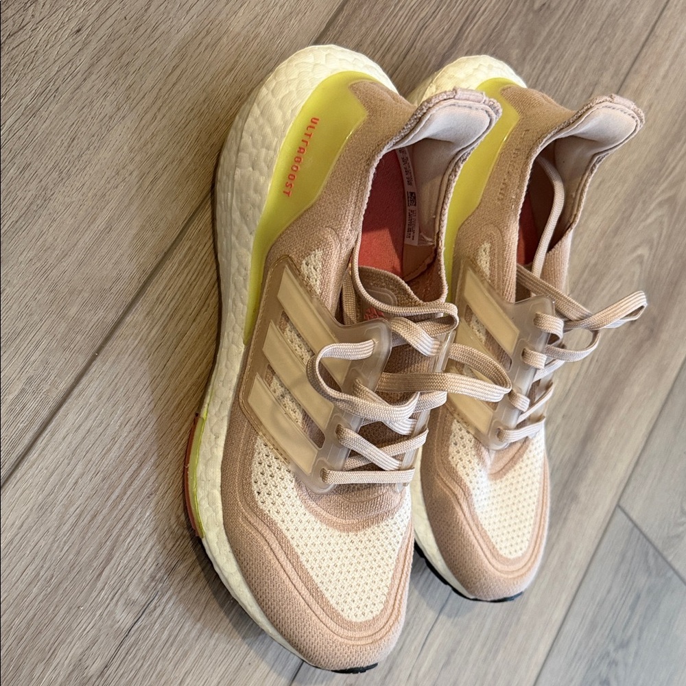 adidas Women's ULTRABOOST Running Shoes Pink Beige with Yellow Accent
